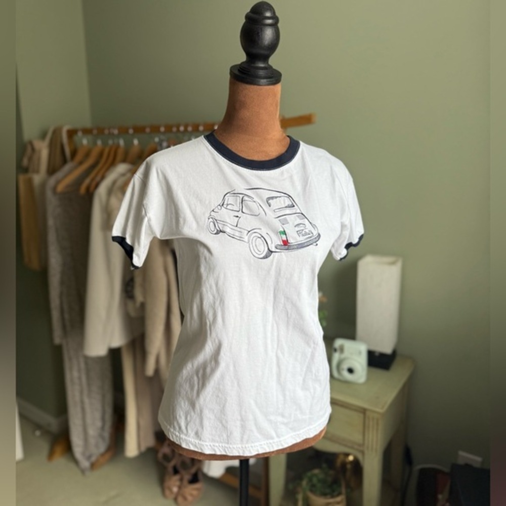 White and Navy Graphic Car Crew Neck Tee